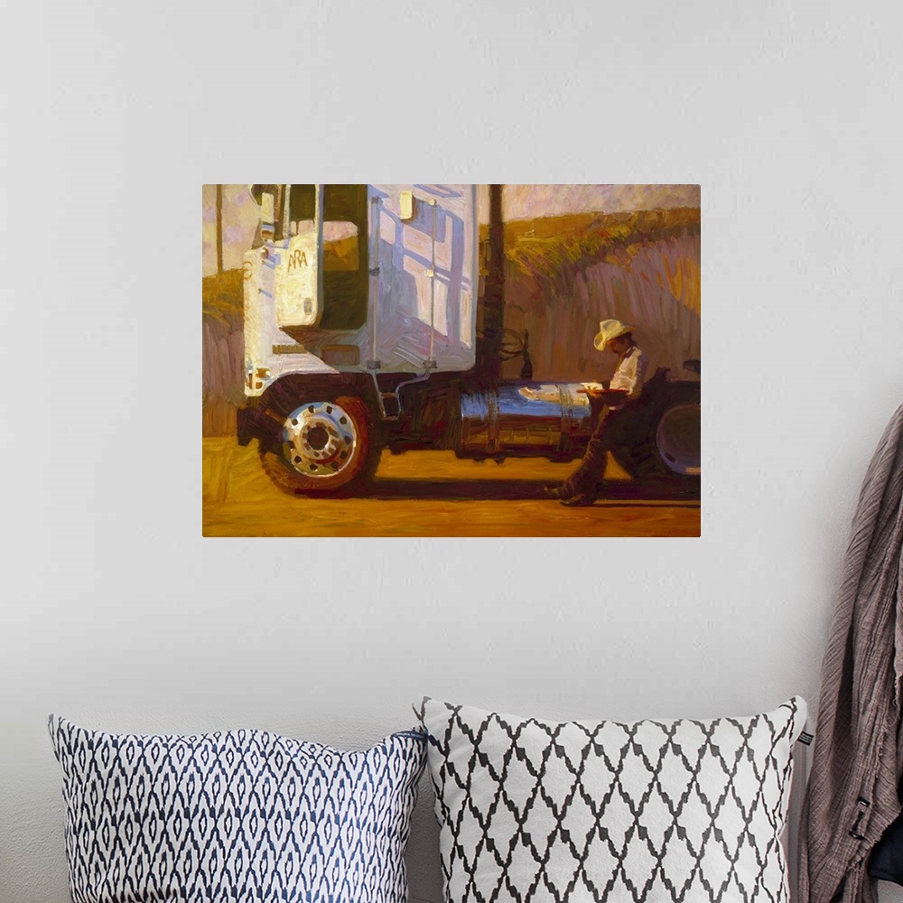 A bohemian room featuring A contemporary painting of a man wearing a cowboy hat and waiting by his truck.
