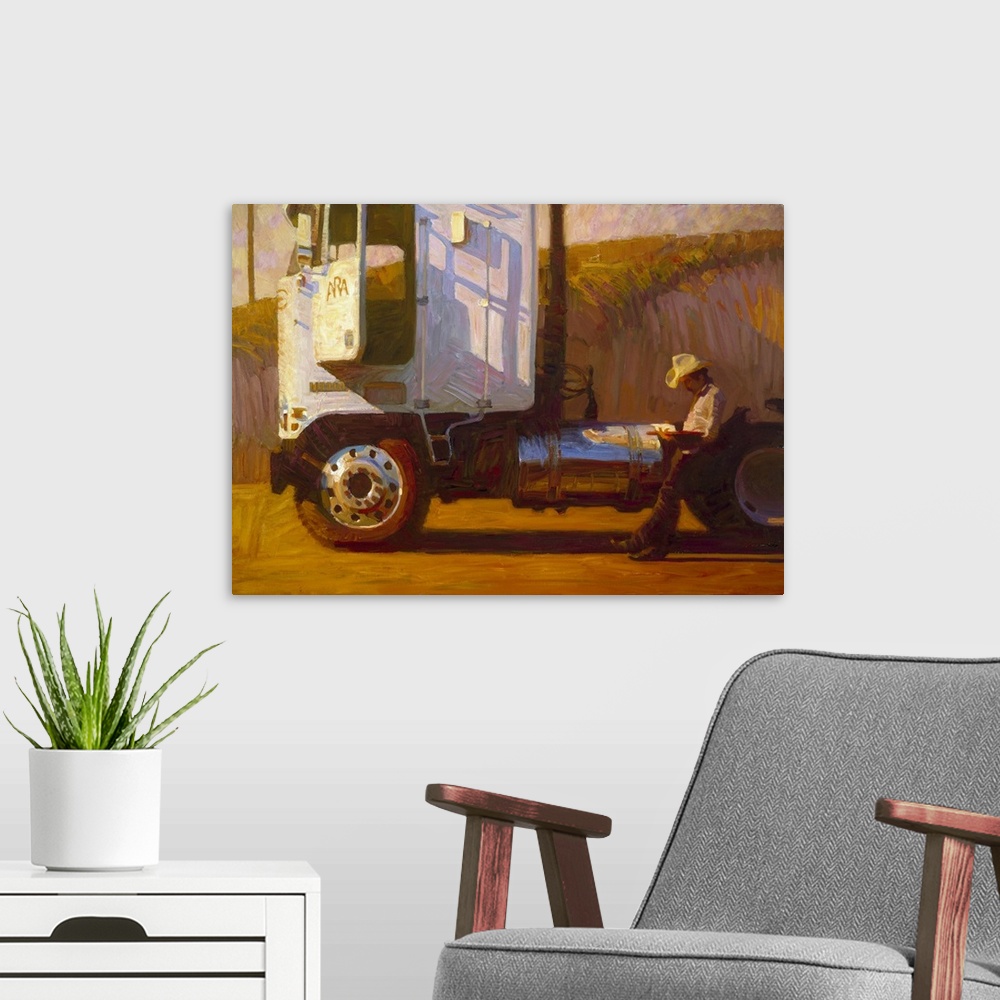 A modern room featuring A contemporary painting of a man wearing a cowboy hat and waiting by his truck.