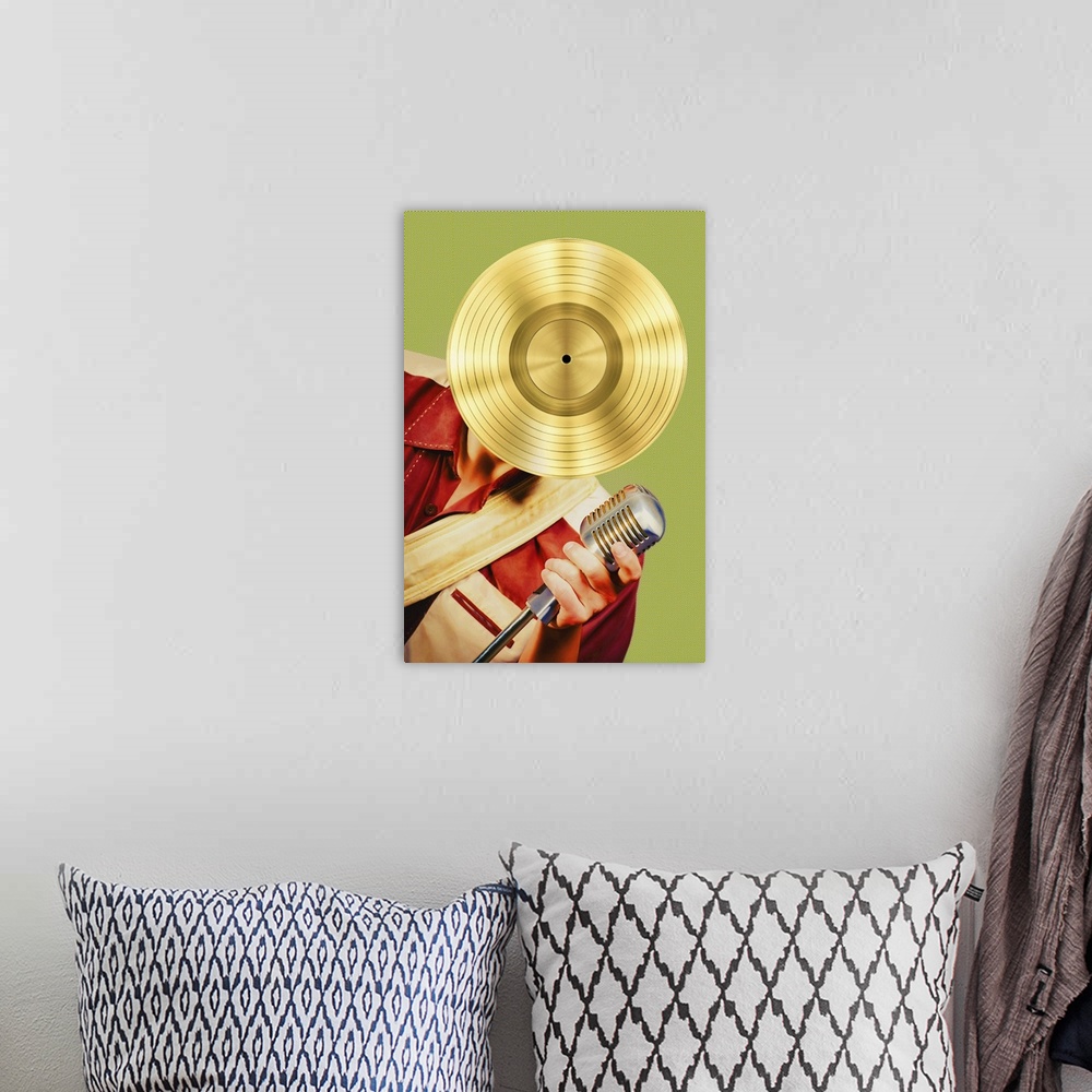 A bohemian room featuring Illustration of a man singing into an old school microphone with a gold vinyl record for a face, ...