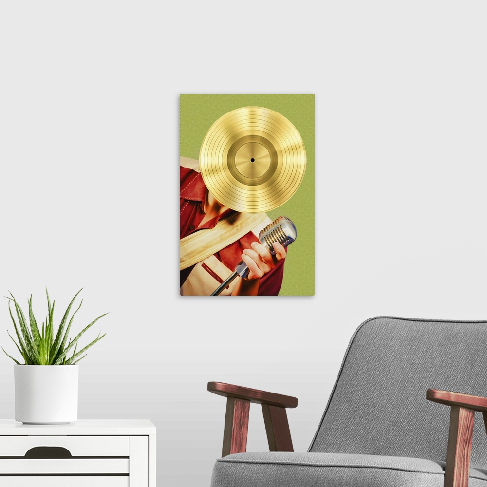 A modern room featuring Illustration of a man singing into an old school microphone with a gold vinyl record for a face, ...