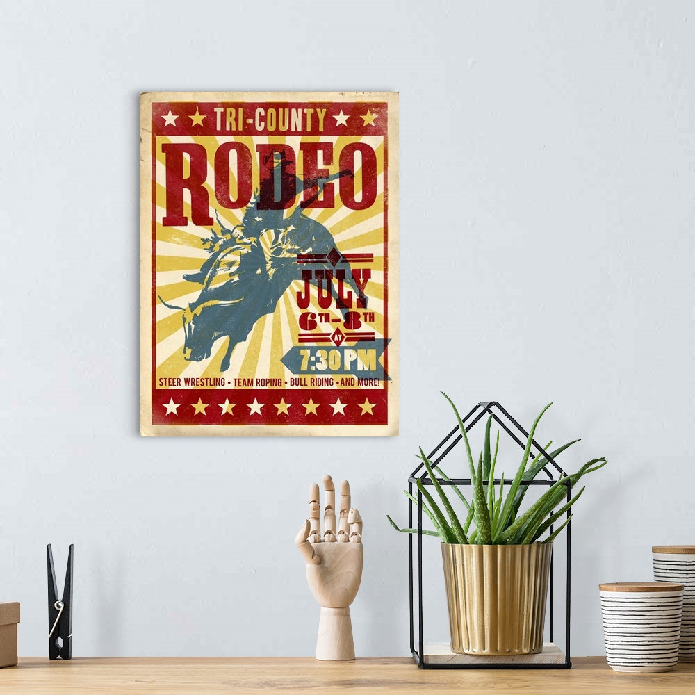 A bohemian room featuring Retro mid-century stylized rodeo poster artwork.