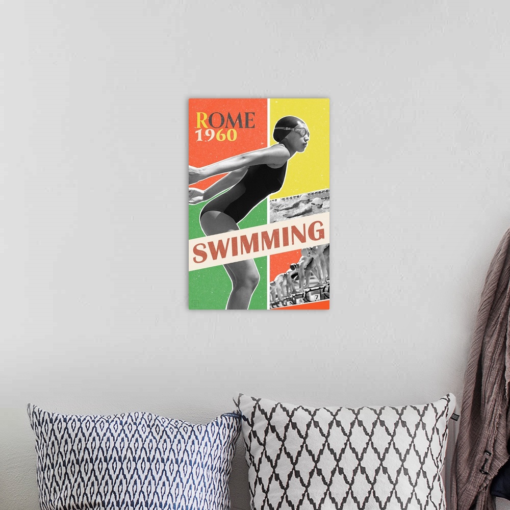 A bohemian room featuring Artwork commemorating the 1960 Rome Olympics and the swimming event.