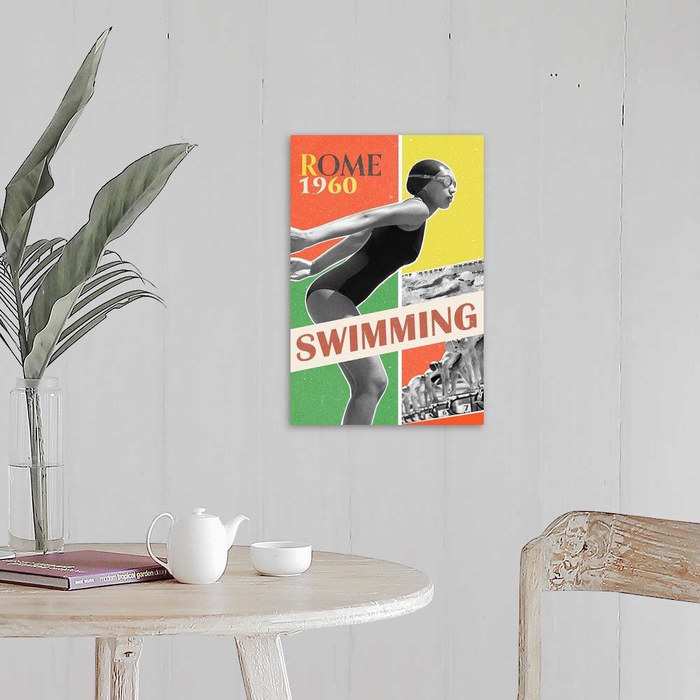 A farmhouse room featuring Artwork commemorating the 1960 Rome Olympics and the swimming event.