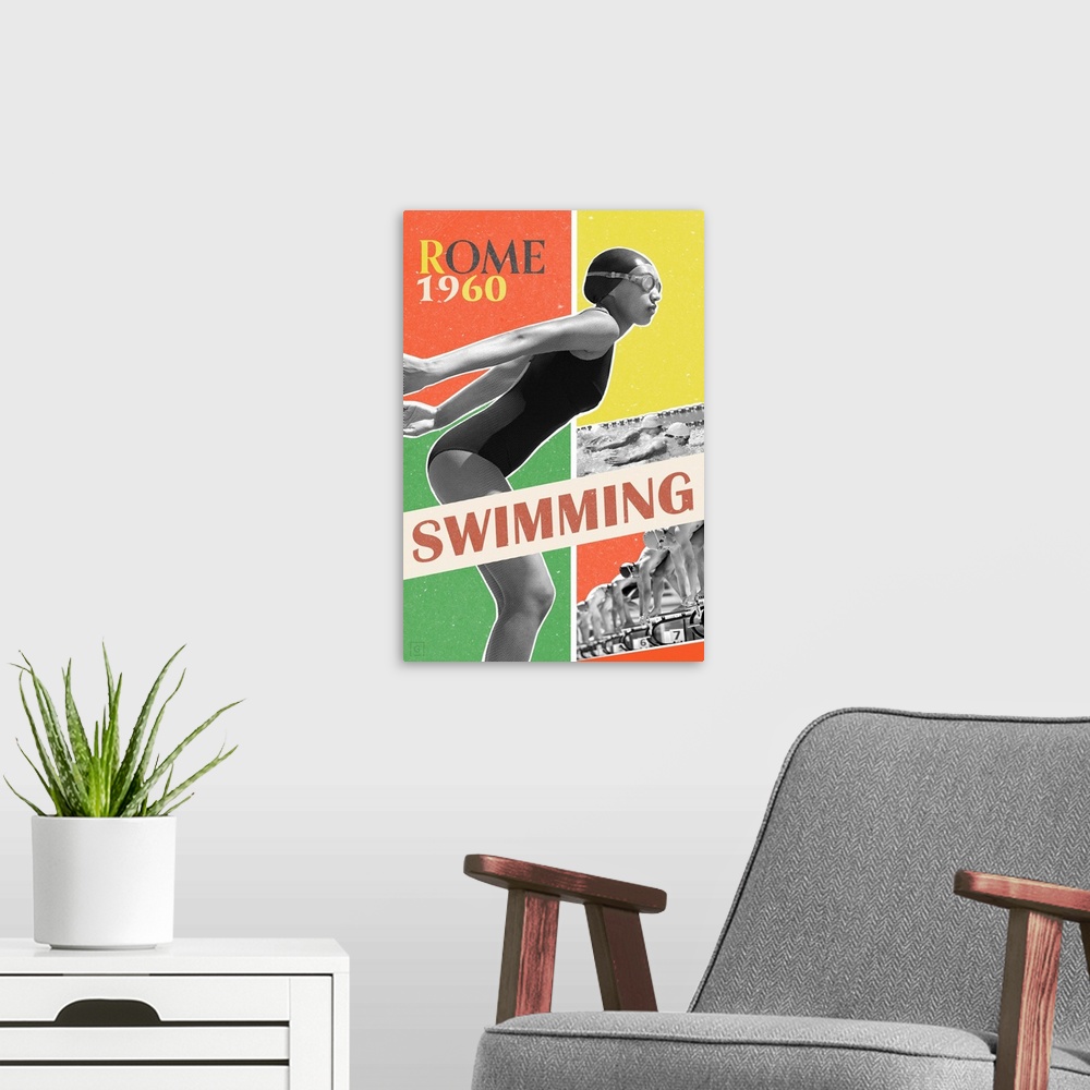 A modern room featuring Artwork commemorating the 1960 Rome Olympics and the swimming event.