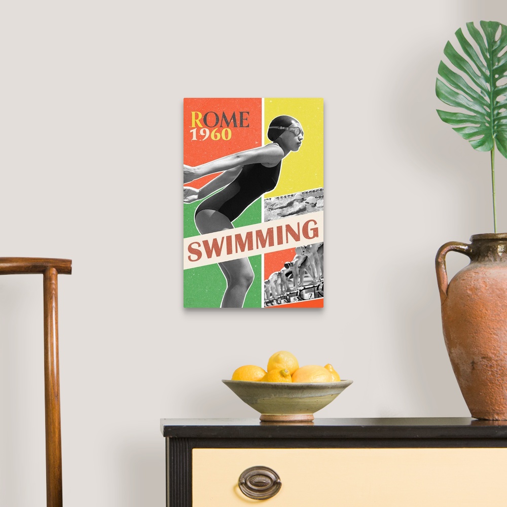 A traditional room featuring Artwork commemorating the 1960 Rome Olympics and the swimming event.