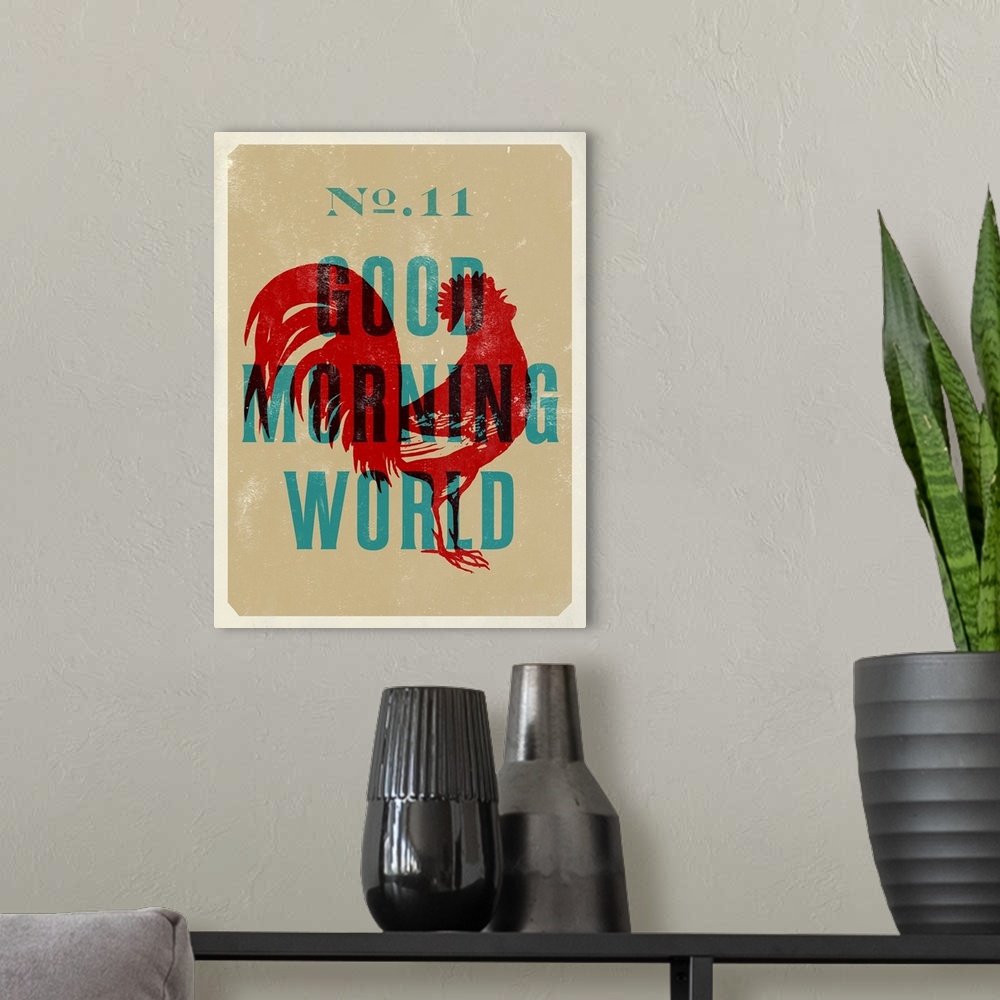 A modern room featuring Retro mid-century stylized poster art of a red rooster silhouette against a pale green background.