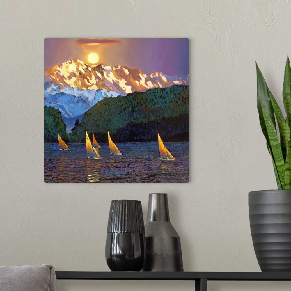 A modern room featuring Contemporary painting of five sailboats on the water with the sun setting over a tall mountain peak.