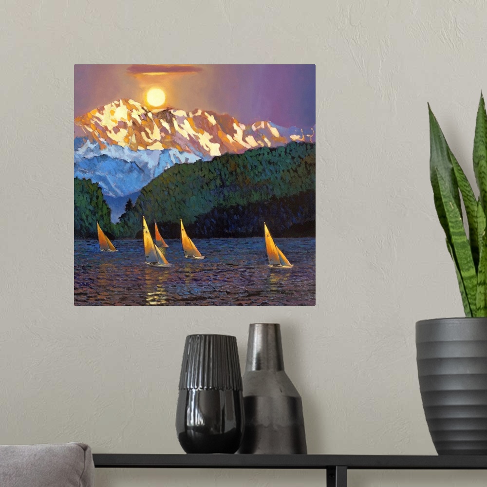 A modern room featuring Contemporary painting of five sailboats on the water with the sun setting over a tall mountain peak.
