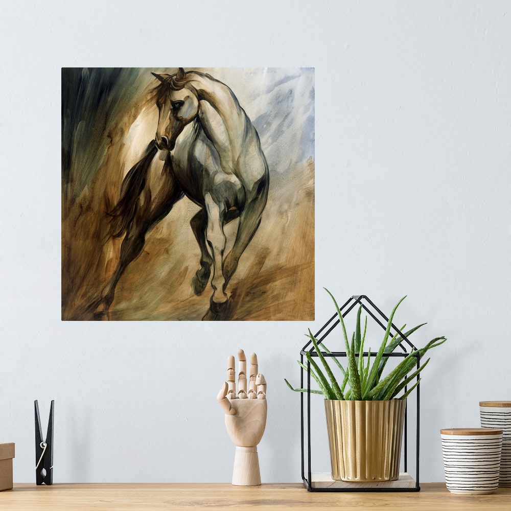 A bohemian room featuring Huge monochromatic contemporary art shows a horse galloping among a fairly blank backdrop.