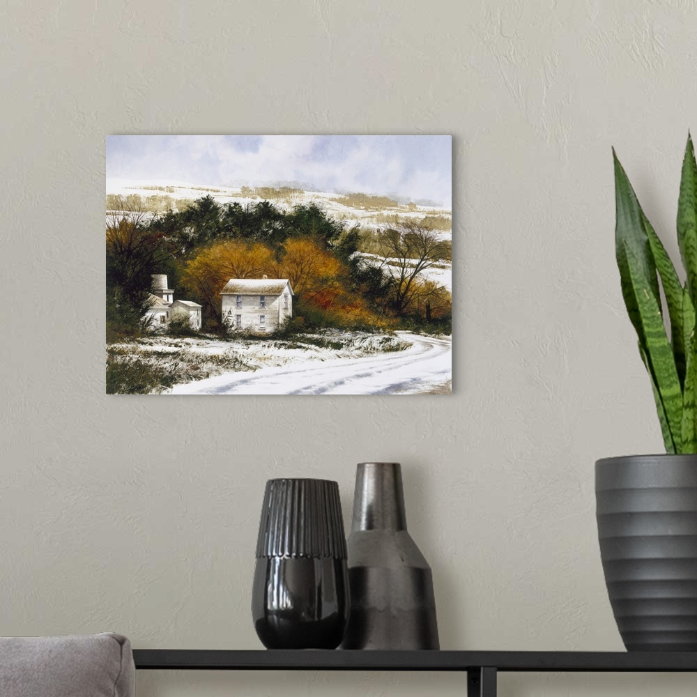 A modern room featuring Contemporary landscape painting of a snowy countryside with a winding road leading to two white h...