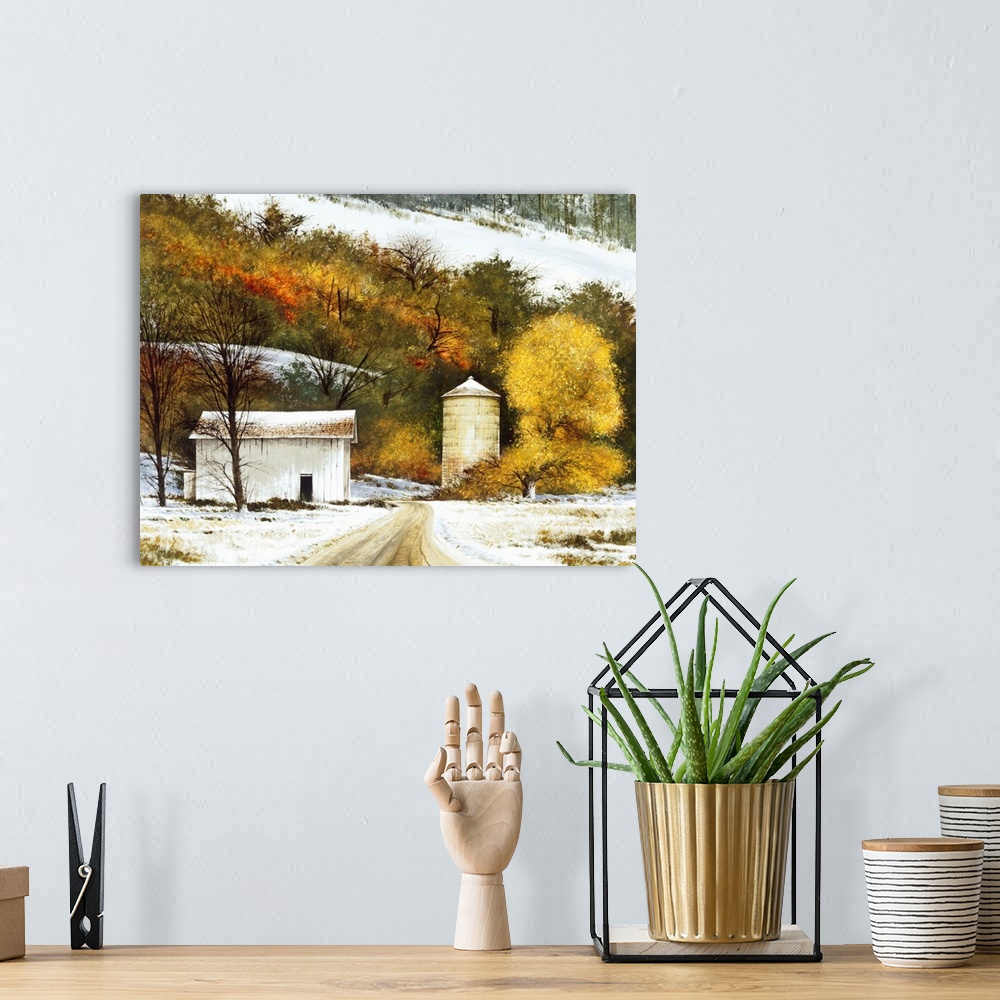 A bohemian room featuring Contemporary painting of a snowy countryside with a road leading to a white barn and silo.