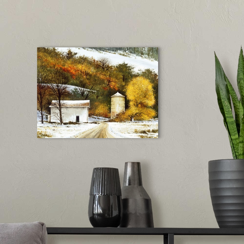 A modern room featuring Contemporary painting of a snowy countryside with a road leading to a white barn and silo.