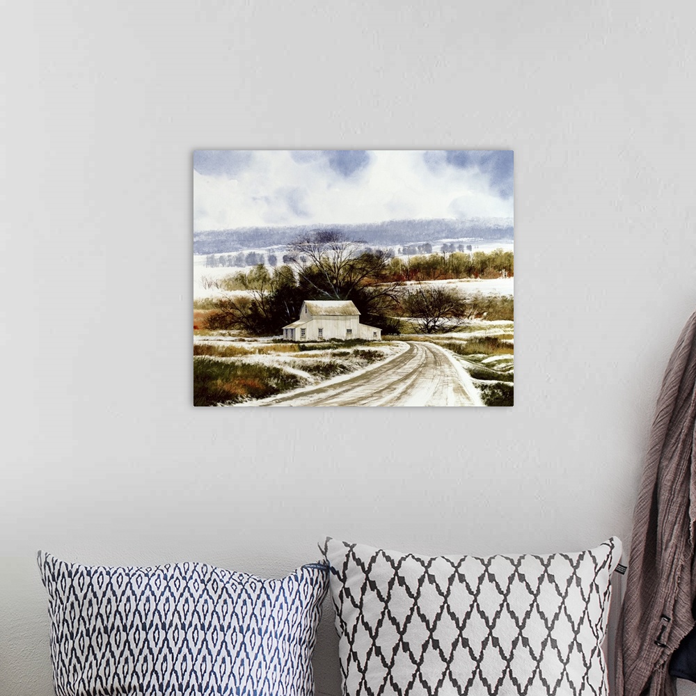 A bohemian room featuring Contemporary painting of a snow covered road leading to a white barn  on the countryside.