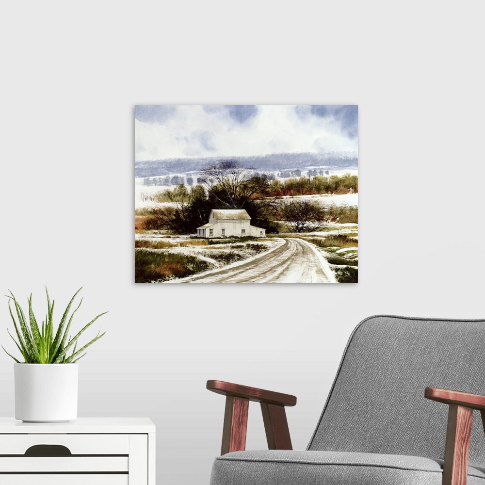 A modern room featuring Contemporary painting of a snow covered road leading to a white barn  on the countryside.