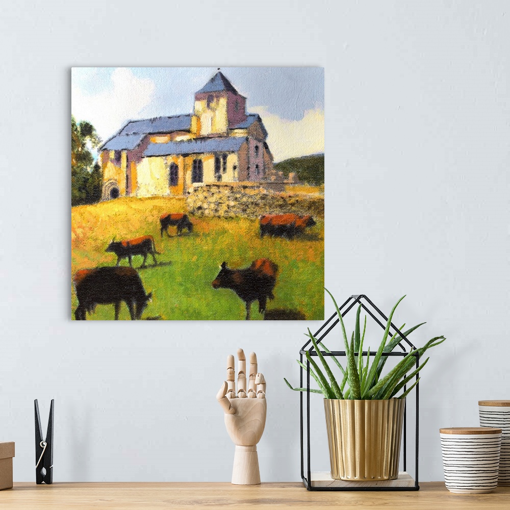 A bohemian room featuring Contemporary painting of several cows grazing in a field near a farmhouse.