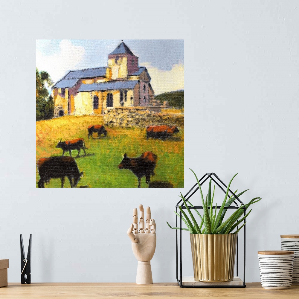 A bohemian room featuring Contemporary painting of several cows grazing in a field near a farmhouse.