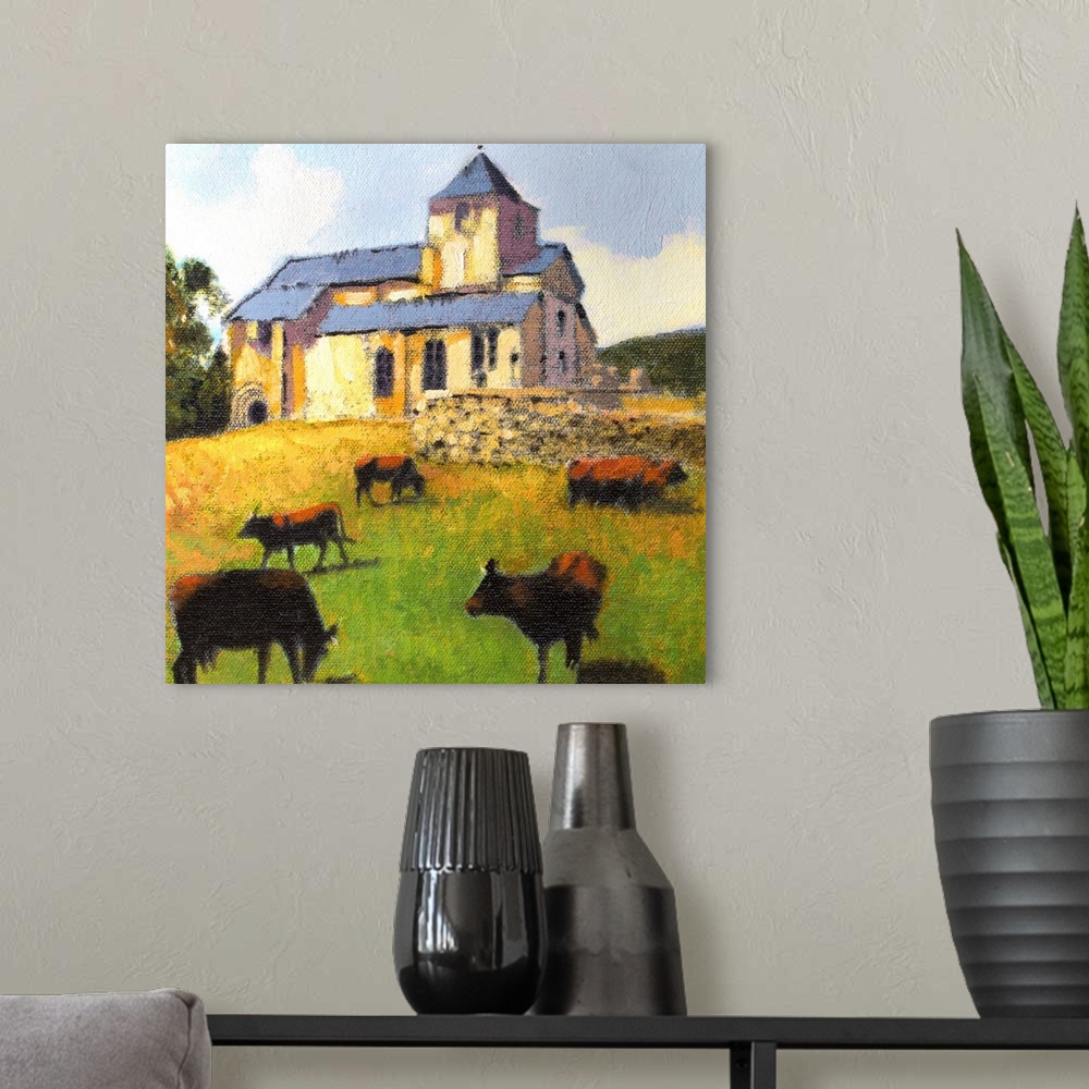 A modern room featuring Contemporary painting of several cows grazing in a field near a farmhouse.