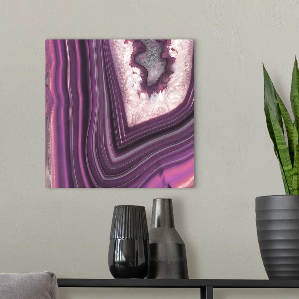 A modern room featuring Patterns on a purple polished geode gemstone.