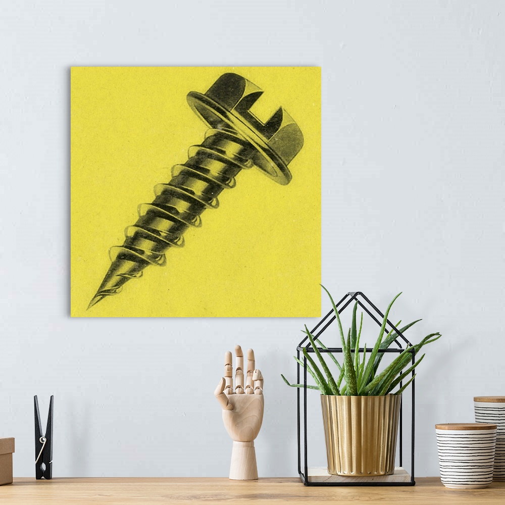 A bohemian room featuring Square art of a screw on a yellow background.