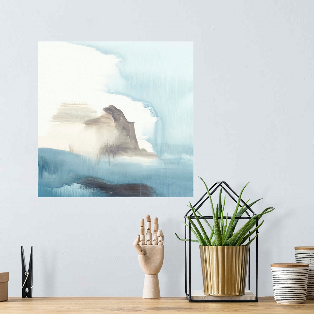 A bohemian room featuring Contemporary abstract painting using tones of blue and white to create a seascape.