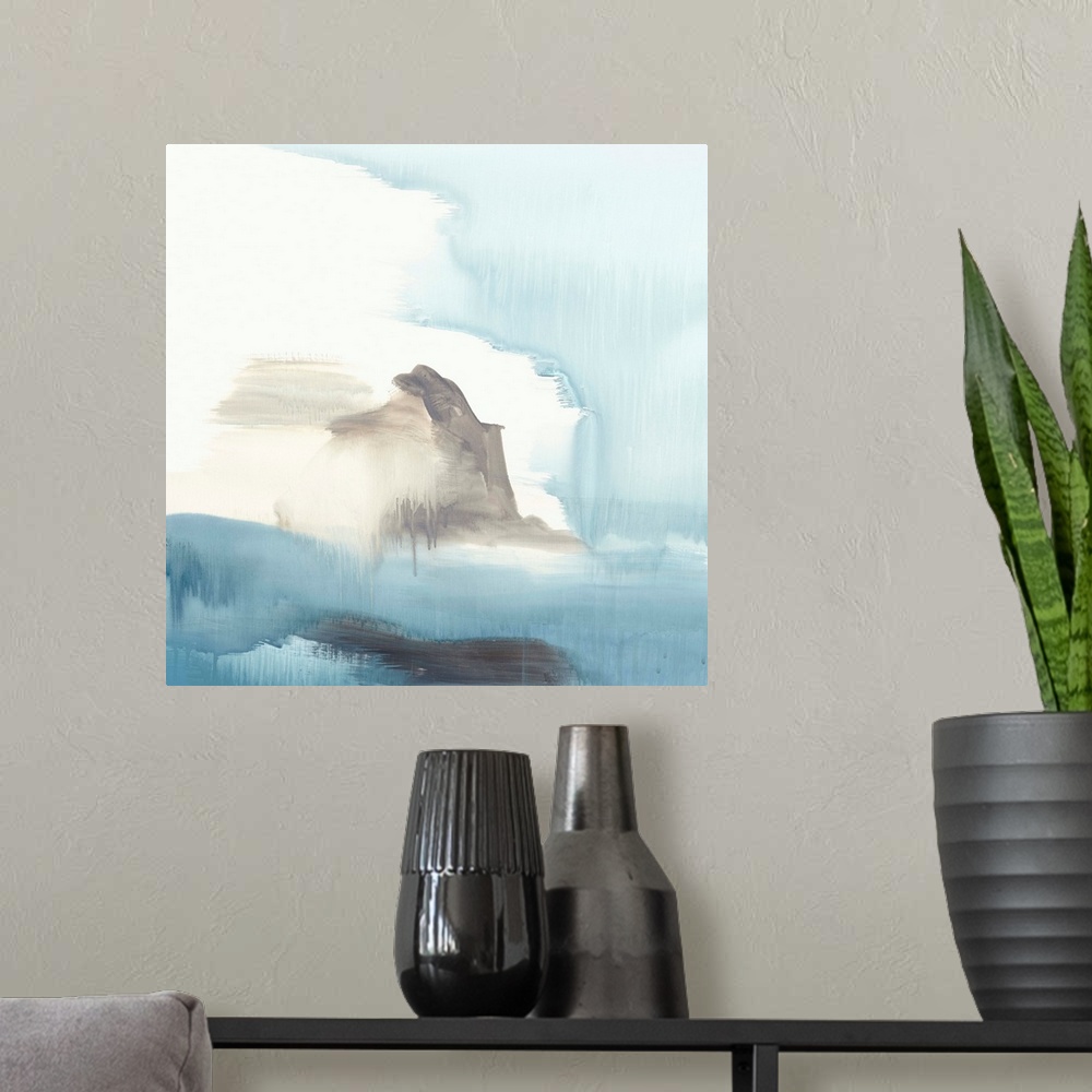 A modern room featuring Contemporary abstract painting using tones of blue and white to create a seascape.