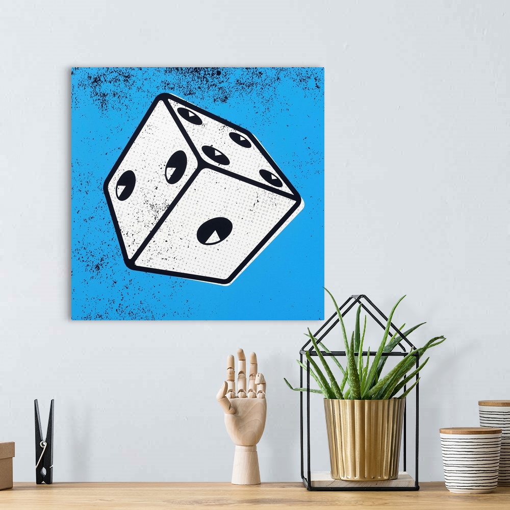 A bohemian room featuring Contemporary pop art style artwork of a die against a blue background.