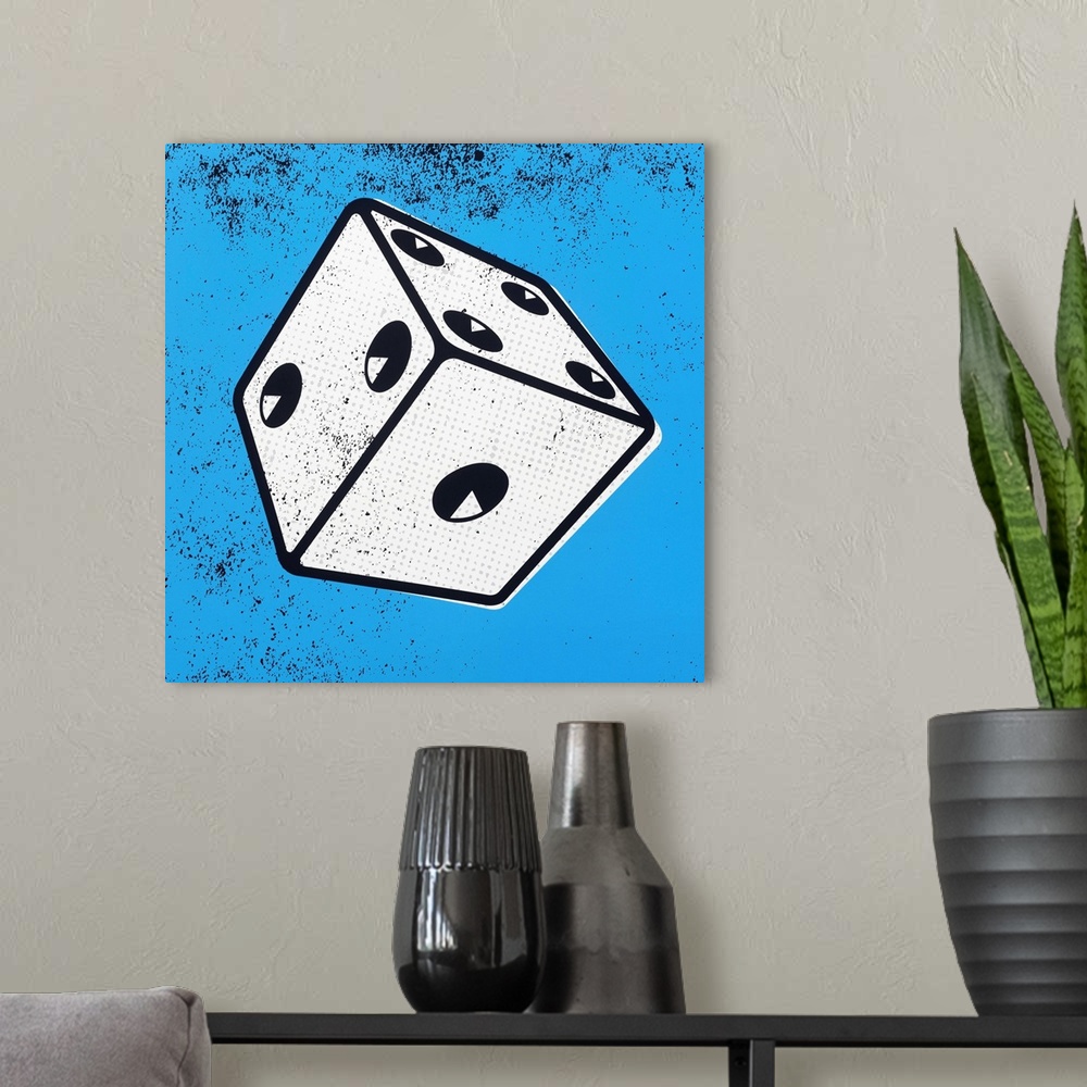 A modern room featuring Contemporary pop art style artwork of a die against a blue background.