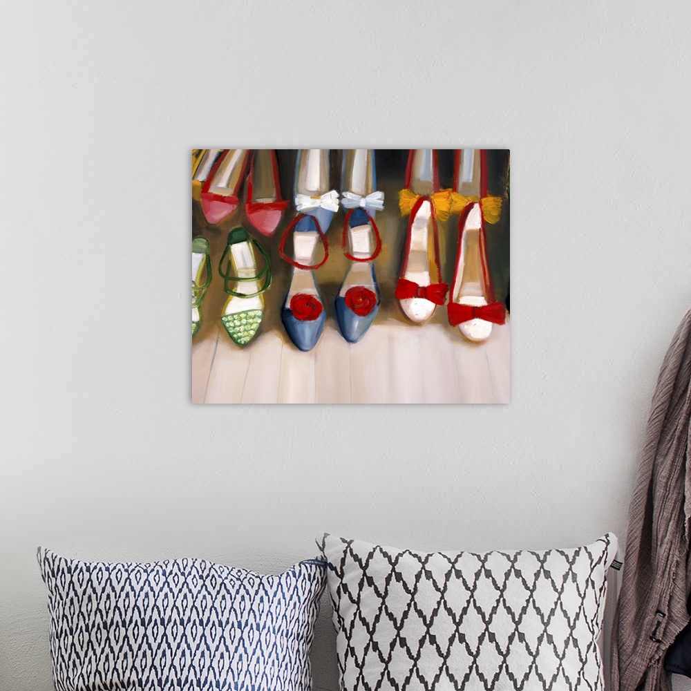A bohemian room featuring Big painting on canvas of different pairs of shoes lined up in two rows.