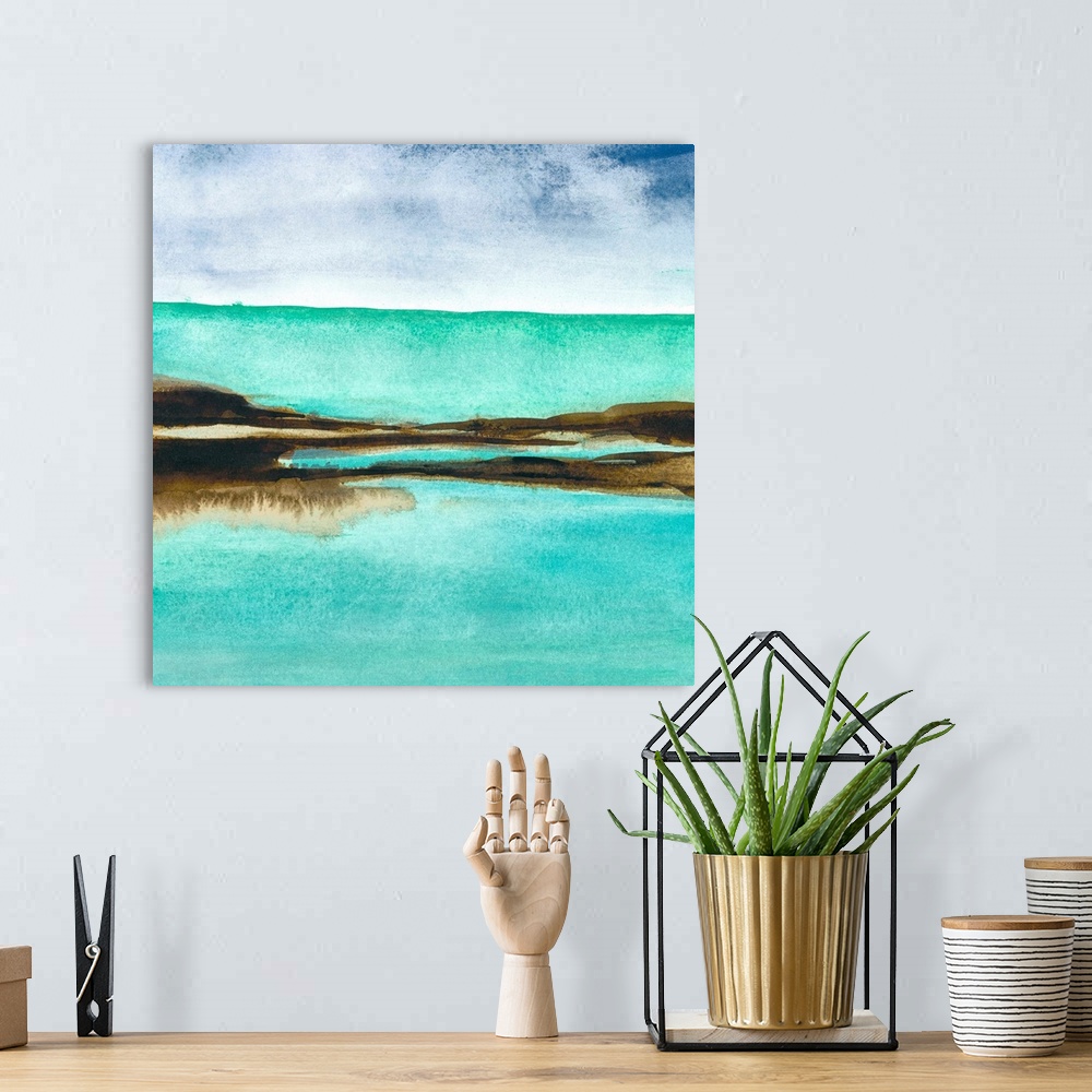 A bohemian room featuring Contemporary home decor artwork of a watercolor coastal painting.