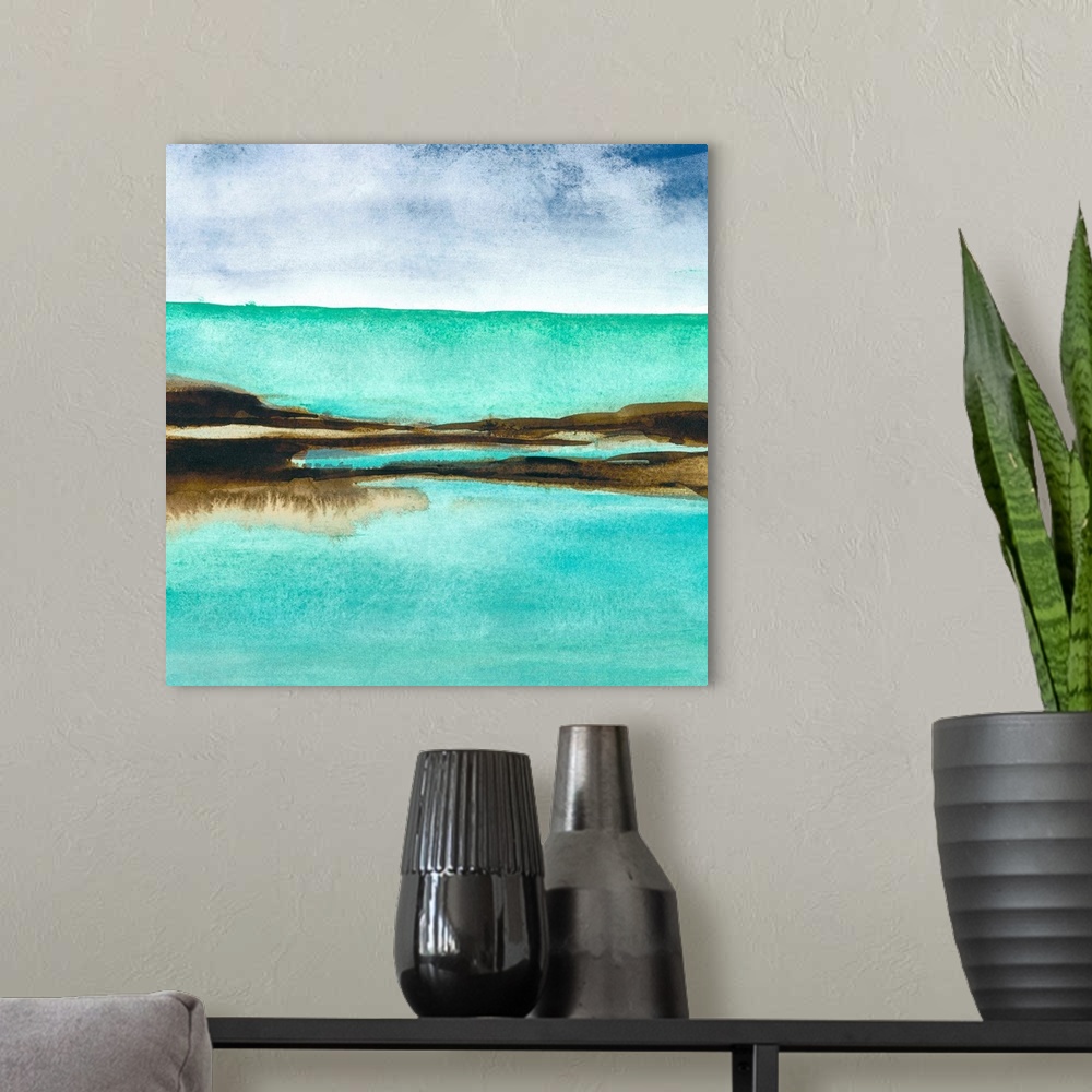 A modern room featuring Contemporary home decor artwork of a watercolor coastal painting.