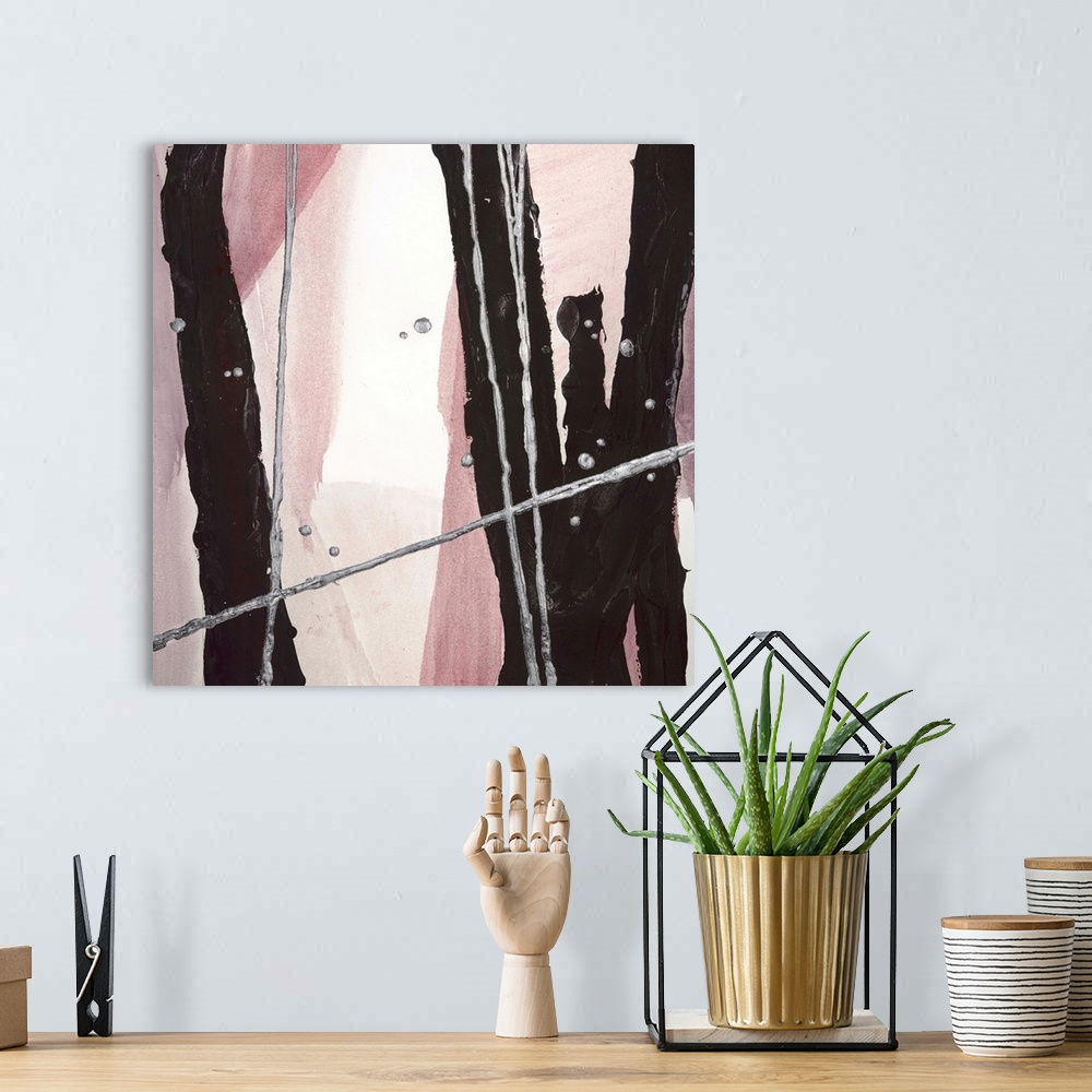 A bohemian room featuring Square abstract painting with bold, black, vertical lines that have thin silver lines and dots on...