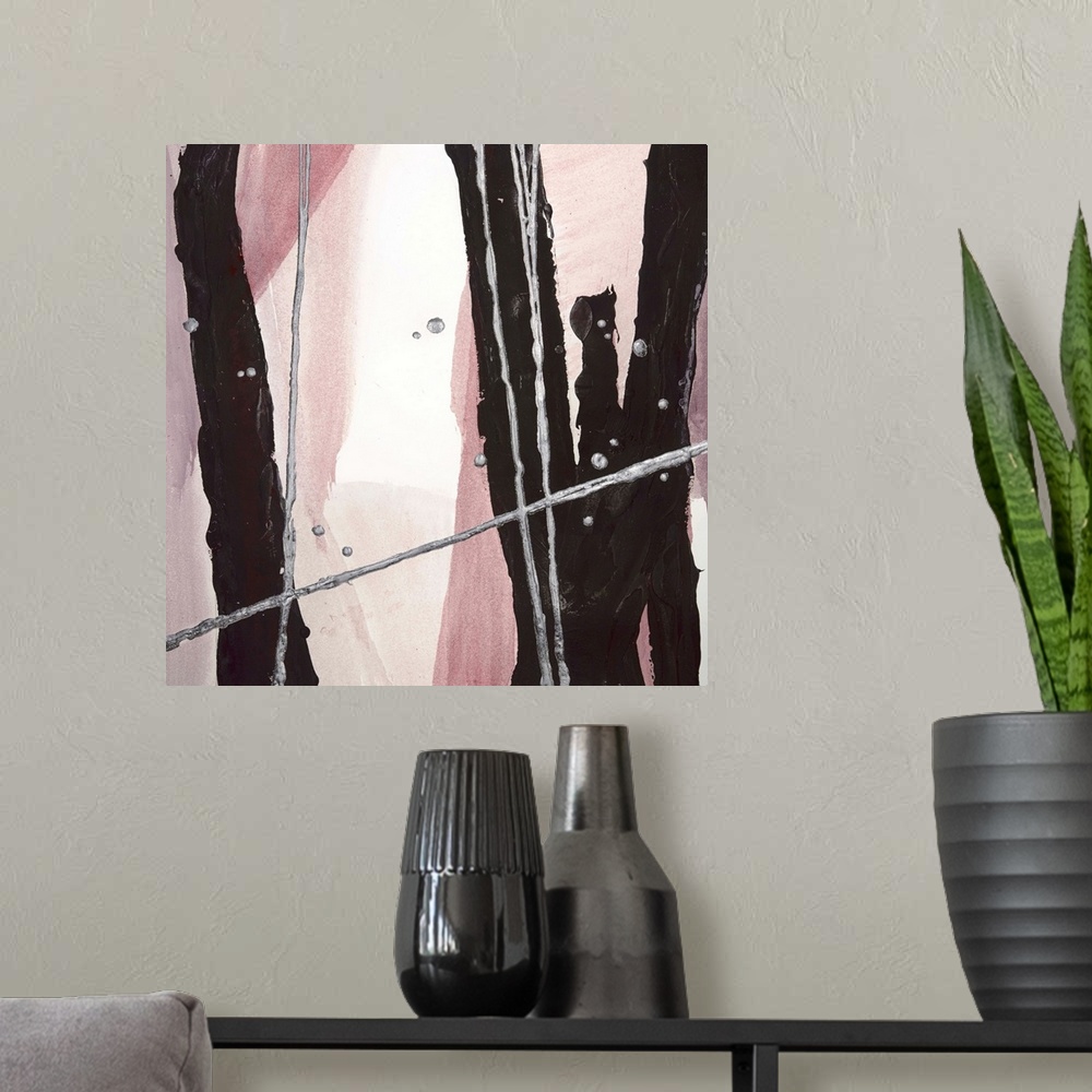 A modern room featuring Square abstract painting with bold, black, vertical lines that have thin silver lines and dots on...