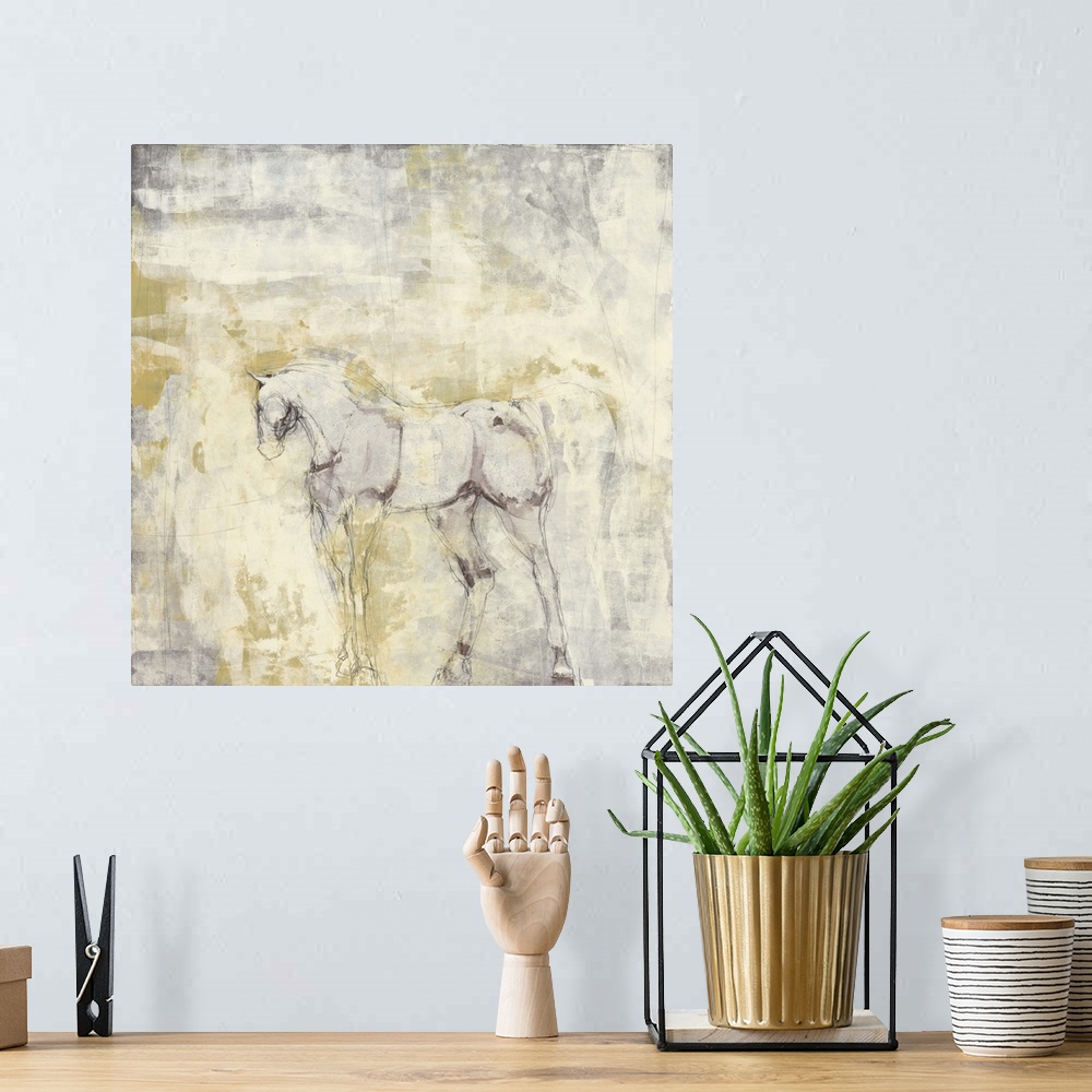 A bohemian room featuring Contemporary painting of the form of a horse with its head turned to the side.