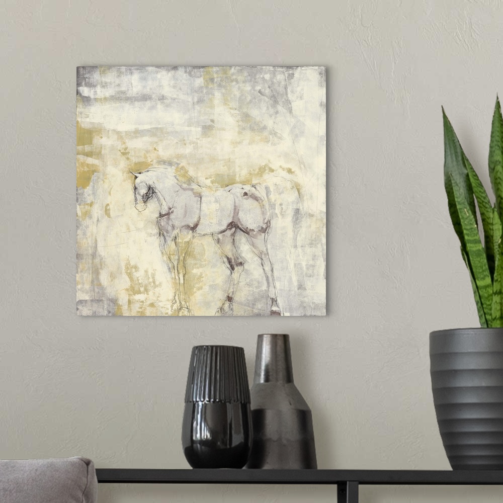 A modern room featuring Contemporary painting of the form of a horse with its head turned to the side.