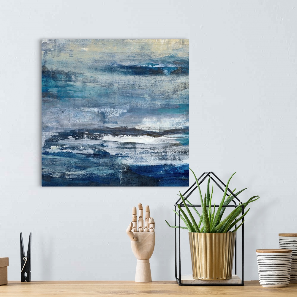 A bohemian room featuring Contemporary abstract painting using a variety of blue tones.