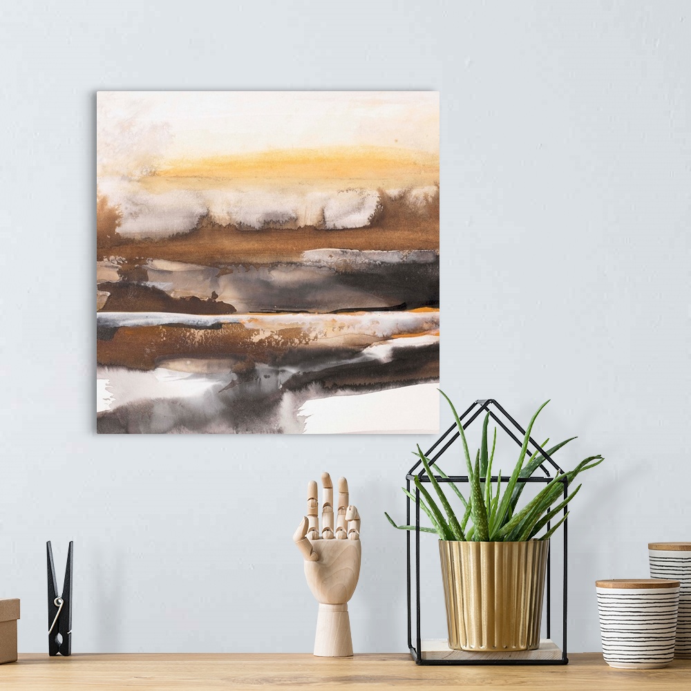 A bohemian room featuring Square abstract painting of a landscape created with horizontal brushstrokes in shades of brown a...