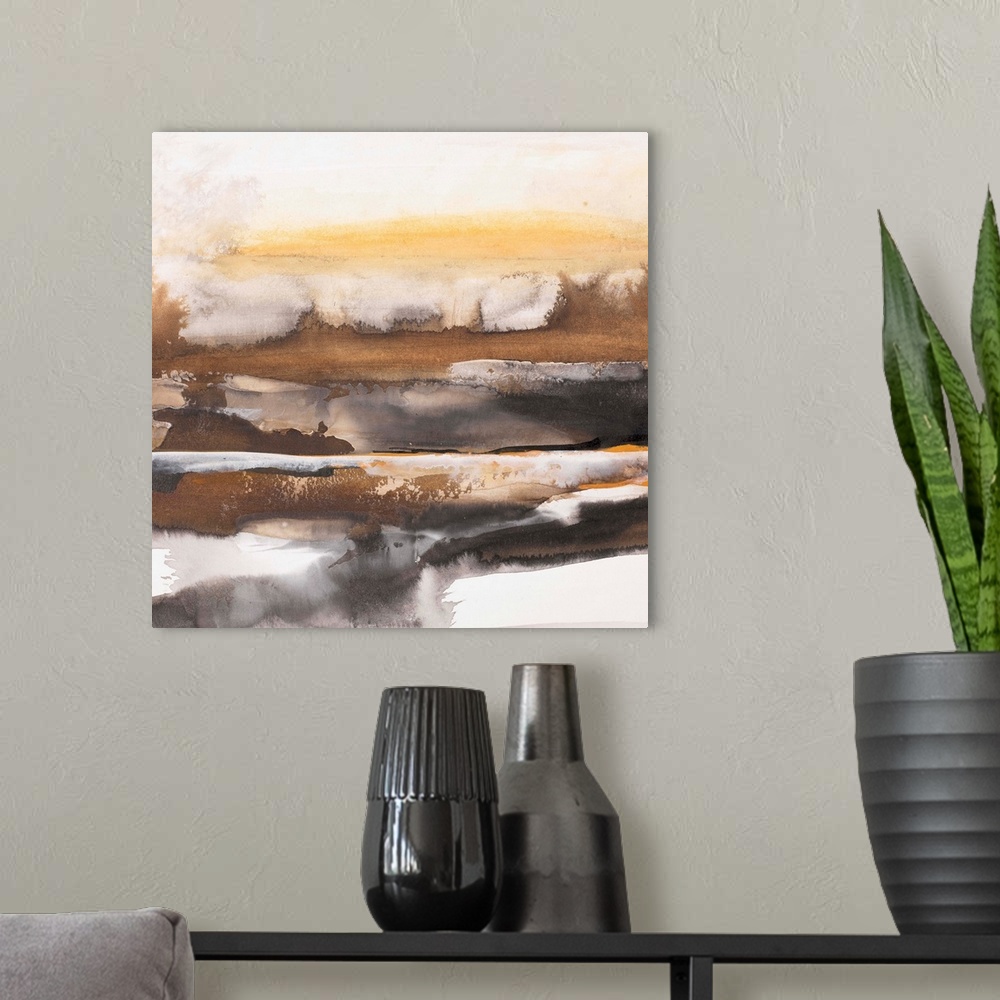A modern room featuring Square abstract painting of a landscape created with horizontal brushstrokes in shades of brown a...