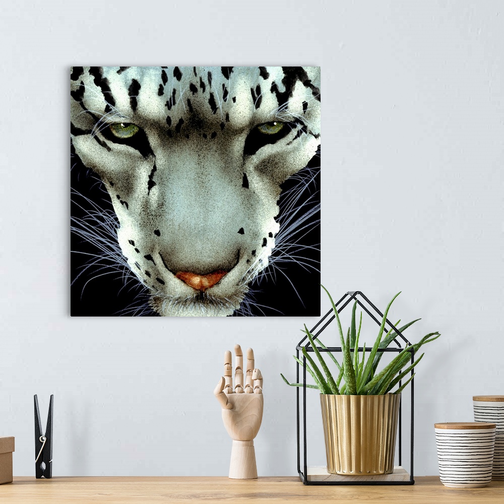 A bohemian room featuring Contemporary artwork of a snow leopard portrait against a black background.