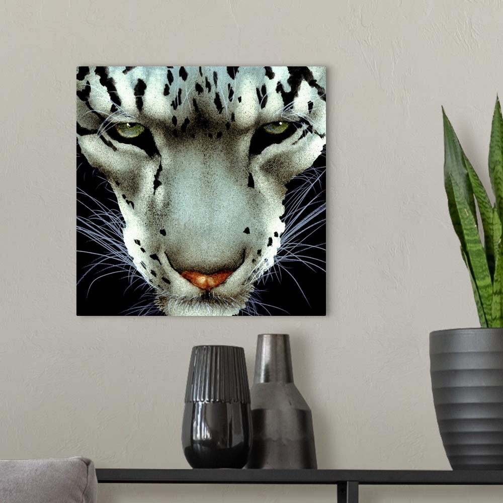A modern room featuring Contemporary artwork of a snow leopard portrait against a black background.