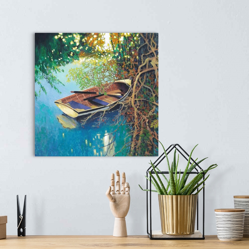 A bohemian room featuring Contemporary painting of a wooden boat at the edge of a river near roots of a  tree.