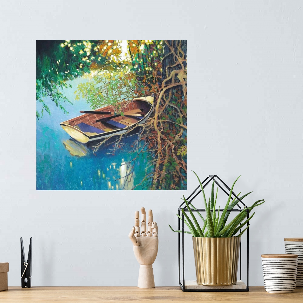 A bohemian room featuring Contemporary painting of a wooden boat at the edge of a river near roots of a  tree.