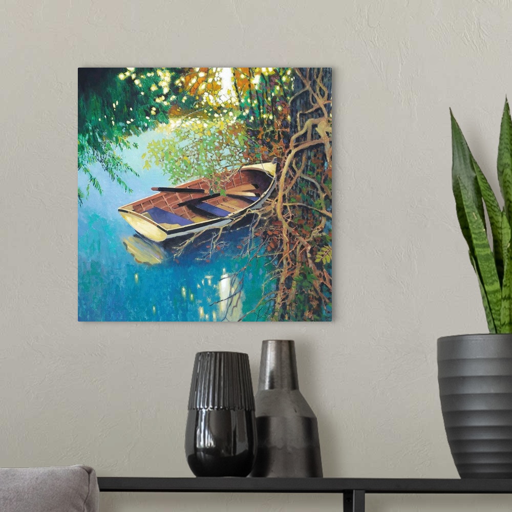 A modern room featuring Contemporary painting of a wooden boat at the edge of a river near roots of a  tree.