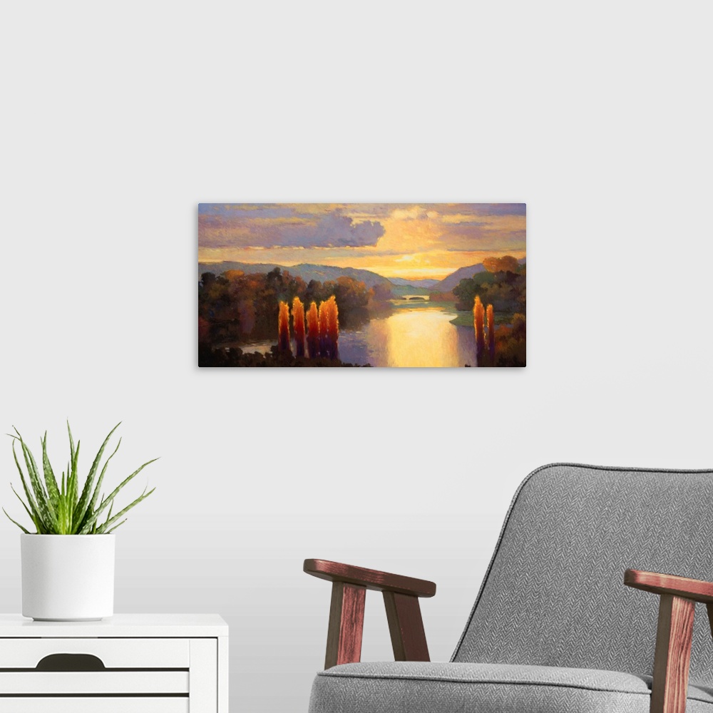 A modern room featuring Contemporary painting of a river lined with dense forests at dawn, with golden clouds in the sky.