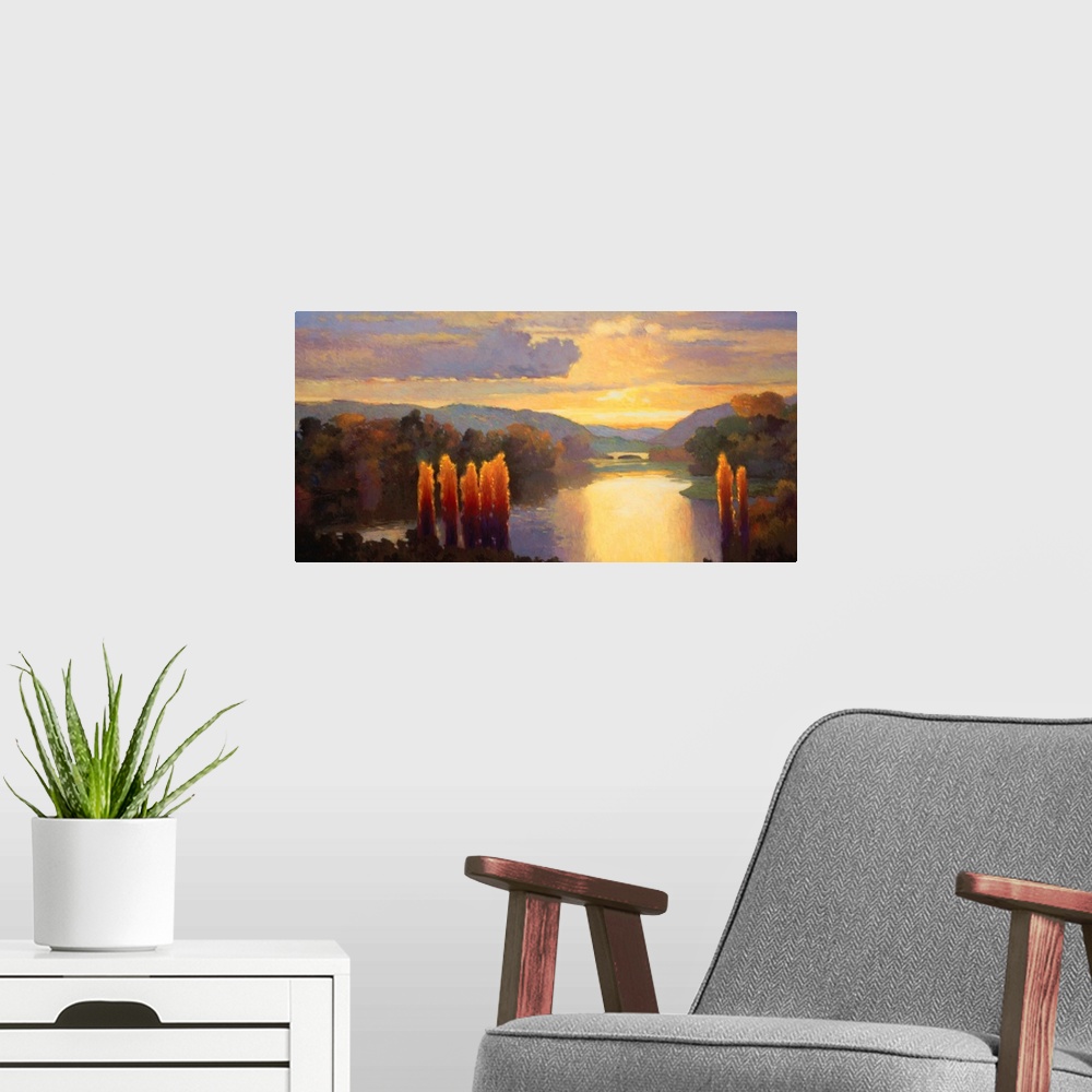 A modern room featuring Contemporary painting of a river lined with dense forests at dawn, with golden clouds in the sky.
