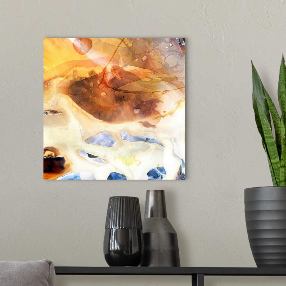 A modern room featuring A contemporary abstract painting using muted tones and resembling geological close-ups.
