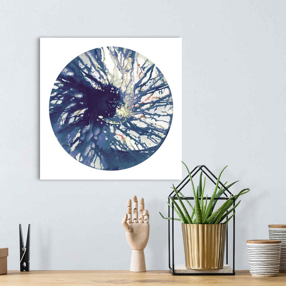 A bohemian room featuring Square abstract spiral spin art inside a circle on white background in shades of blue, green, pur...