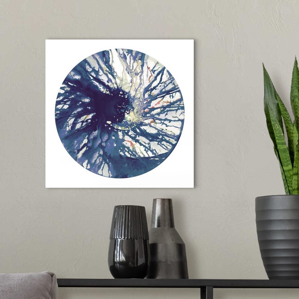 A modern room featuring Square abstract spiral spin art inside a circle on white background in shades of blue, green, pur...