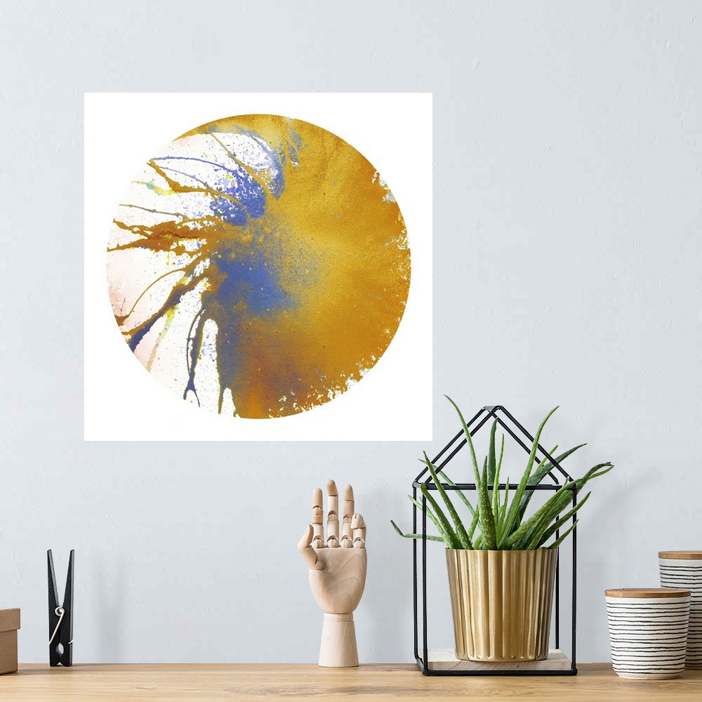 A bohemian room featuring Square abstract spiral spin art inside a circle on white background in shades of yellow, blue, an...