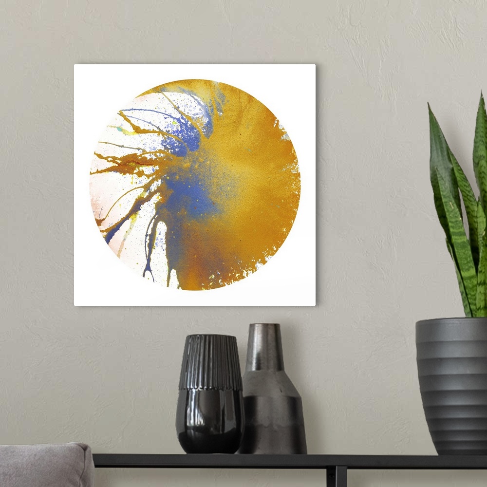 A modern room featuring Square abstract spiral spin art inside a circle on white background in shades of yellow, blue, an...