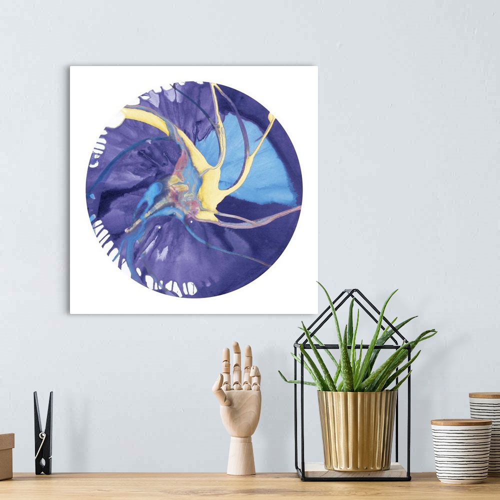 A bohemian room featuring Square abstract spiral spin art inside a circle on white background in shades of purple, blue, ye...